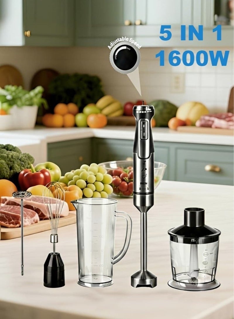 أديلي خلاط يدوي 1600 واط، 5 في 1، مستويان للطاقة مع 5 سرعات، شفرات من الفولاذ المقاوم للصدأ، وعاء تقطيع 600 مل، وعاء قياس 800 مل لتحضير العصائر والشوربات وطعام الأطفال - Image 1